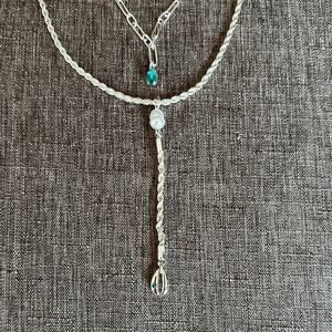 NWT LC Lauren Conrad Silver Tone Layered Lariat Necklace Turquoise Pearl Accents